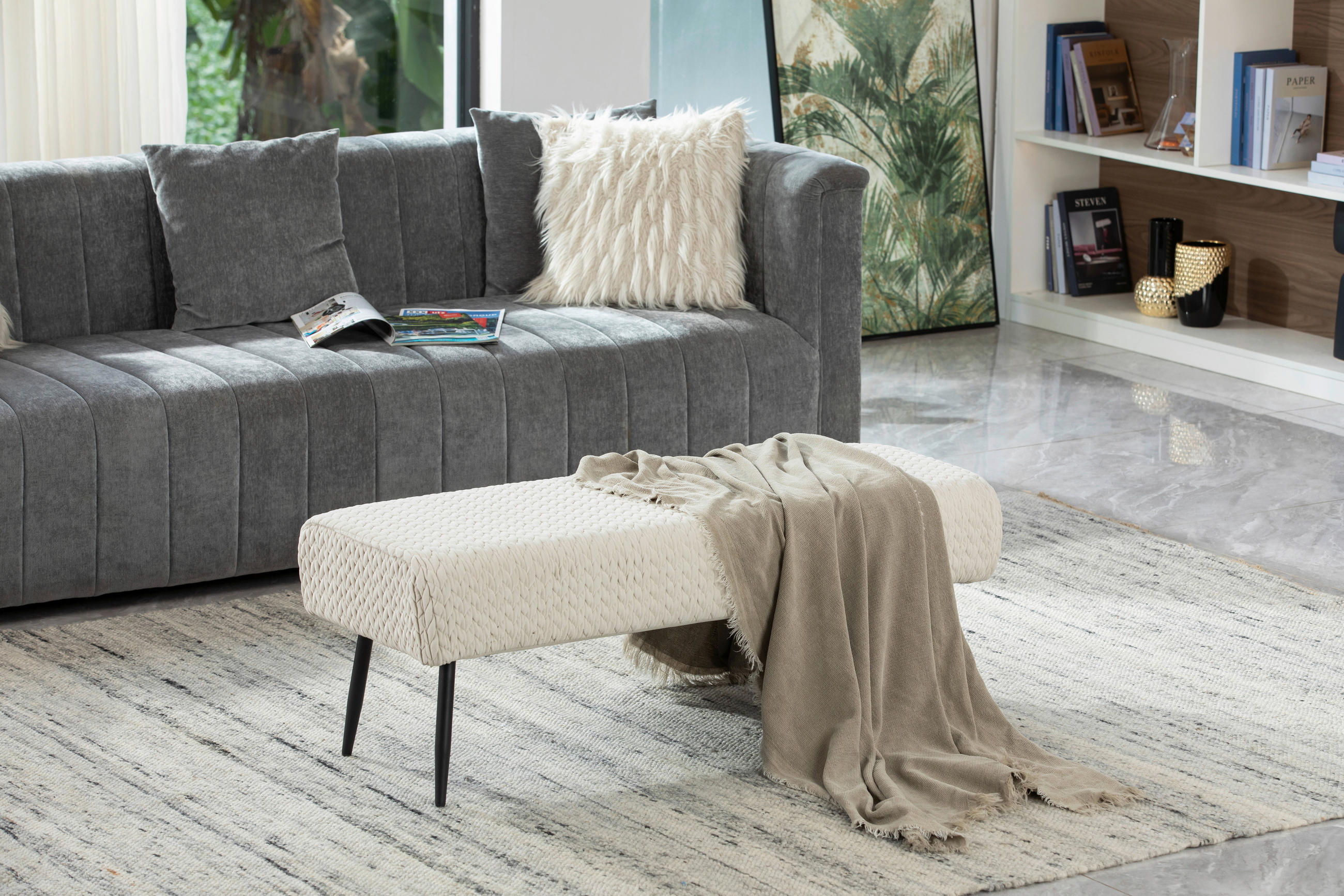 HOCKERBANK in Metall, Textil, Holzwerkstoff Beige  - Beige/Schwarz, Design, Holzwerkstoff/Textil (110/41/43cm) - MID.YOU