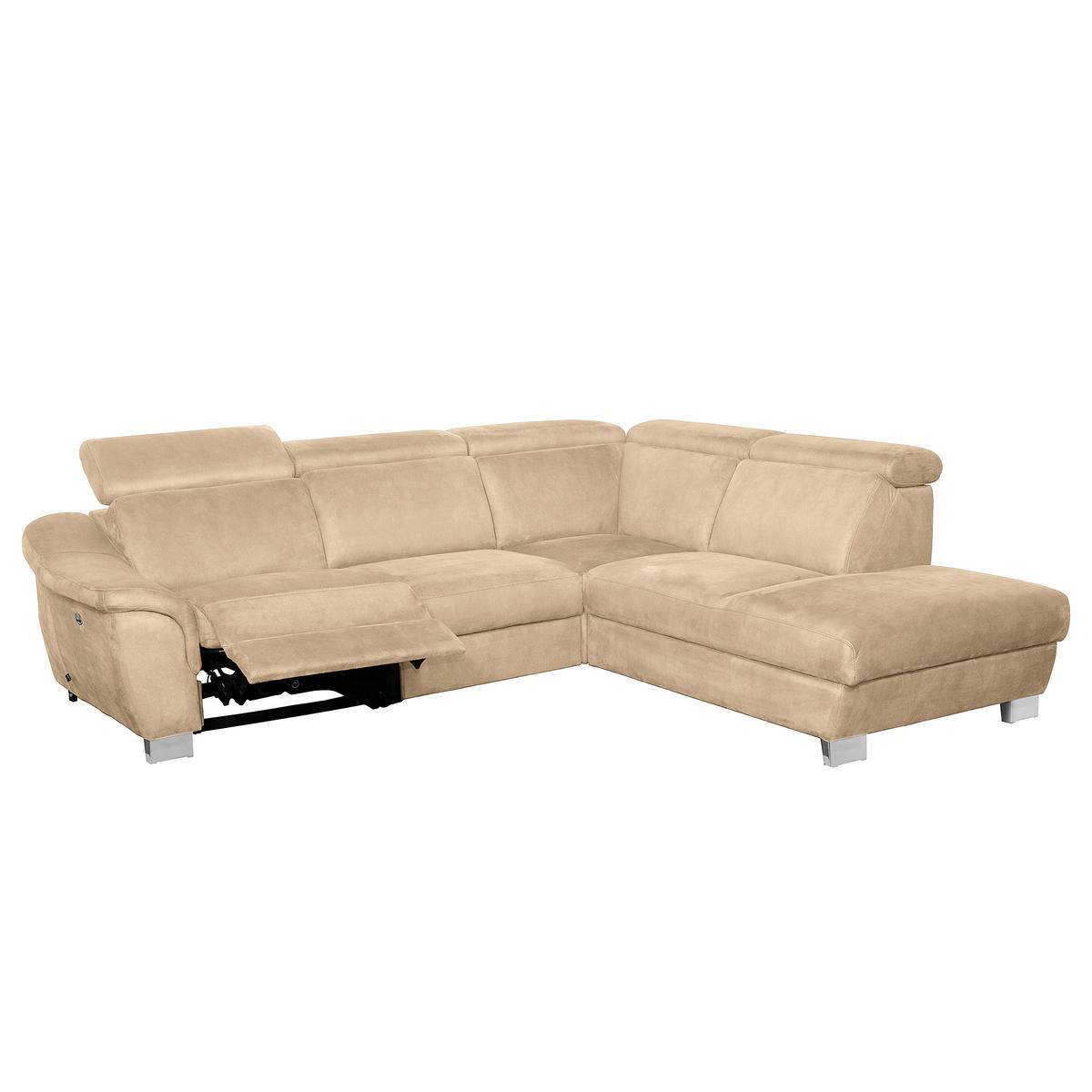 ECKSOFA Beige Mikrofaser Rücken echt, Relaxfunktion, Kopfteilverstellung  - Chromfarben/Beige, Design, Textil/Metall (276/238cm) - Livetastic
