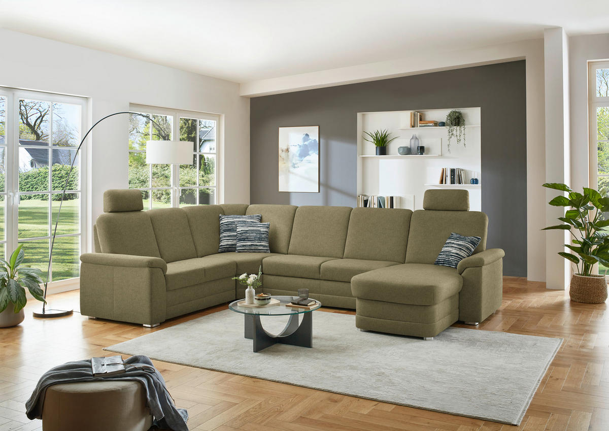 WOHNLANDSCHAFT  in Chenille Schilfgrün  - Schilfgrün/Alufarben, KONVENTIONELL, Holz/Textil (235/329/160cm) - Beldomo Comfort