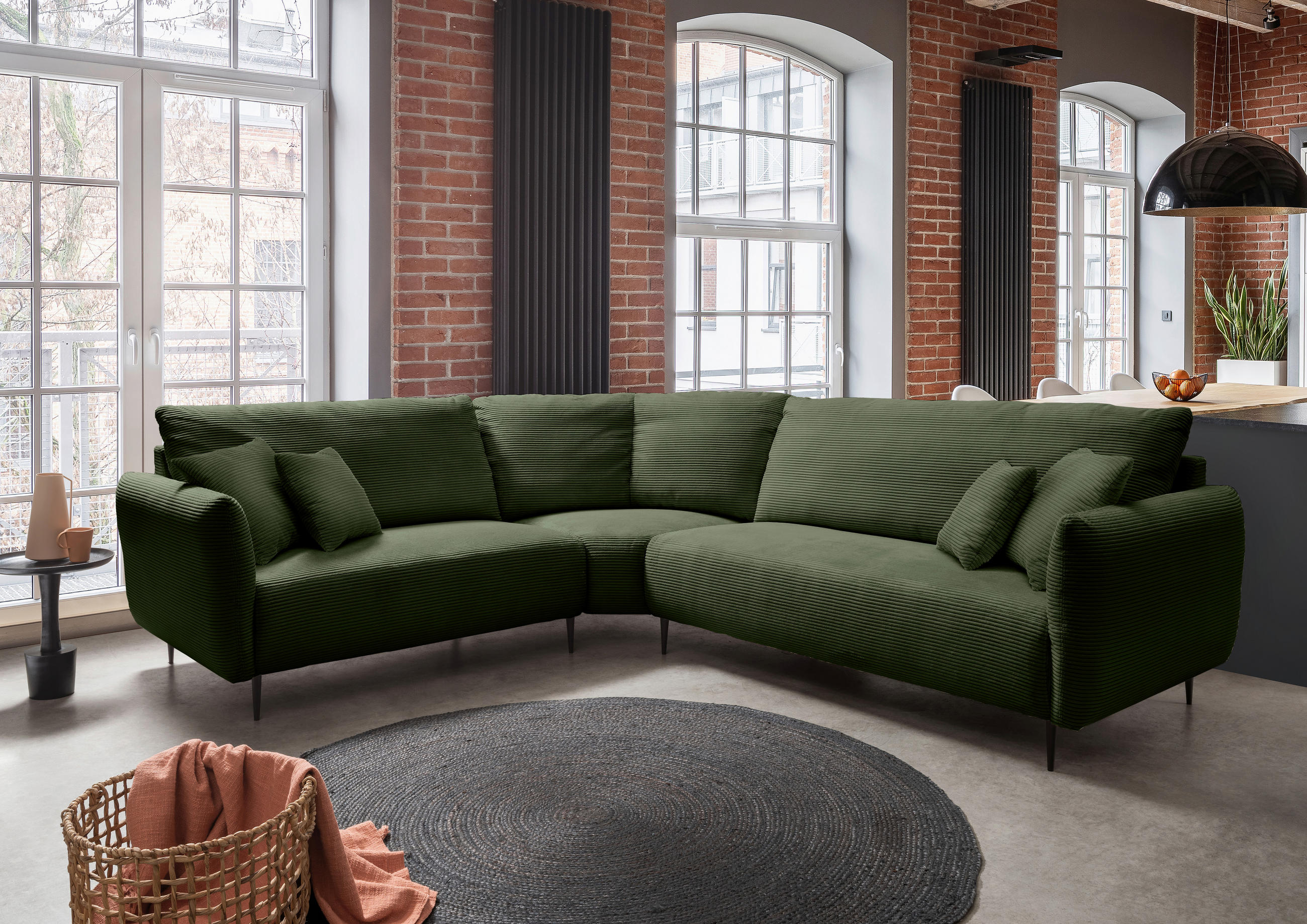 ECKSOFA Dunkelgrün Cord  - Dunkelgrün/Schwarz, Design, Textil/Metall (256/294cm) - Livetastic