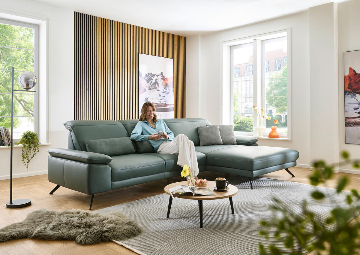 ECKSOFA Opal Echtleder  - Opal/Schwarz, Design, Leder/Metall (332/193cm) - Dieter Knoll