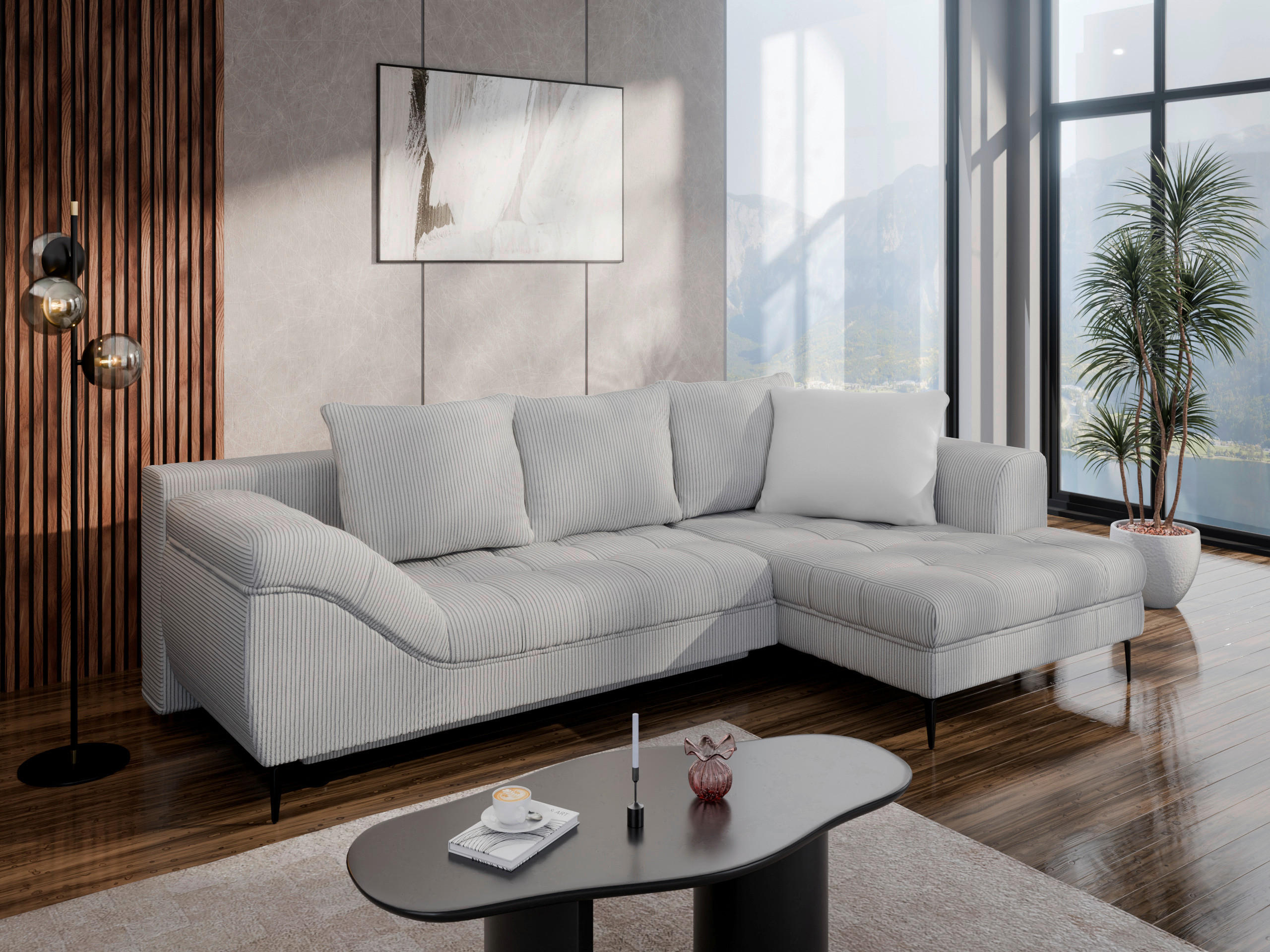 ECKSOFA  in Cord Hellgrau  - Hellgrau/Schwarz, Design, Kunststoff/Textil (177/276cm) - MID.YOU