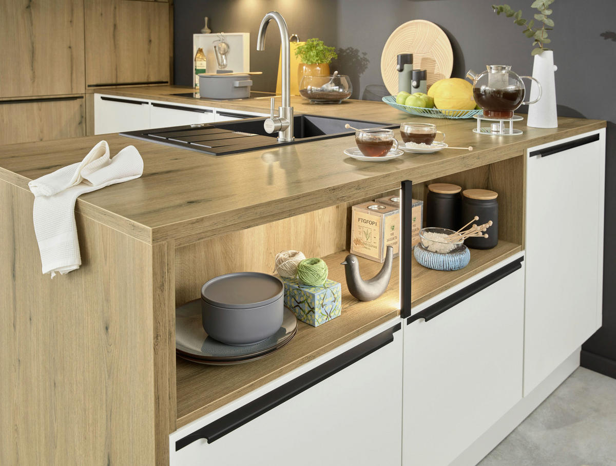 EINBAUKÜCHE   - Eichefarben/Weiß, Design, Holzwerkstoff - Dieter Knoll