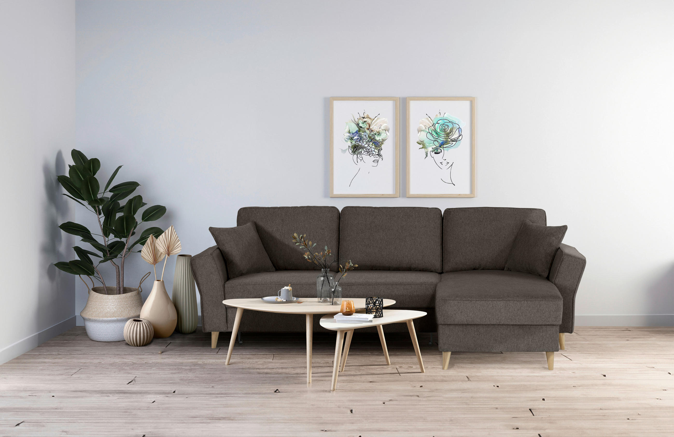 ECKSOFA in Flachgewebe Graubraun  - Eichefarben/Graubraun, Konventionell, Holz/Textil (265/159cm) - Carryhome