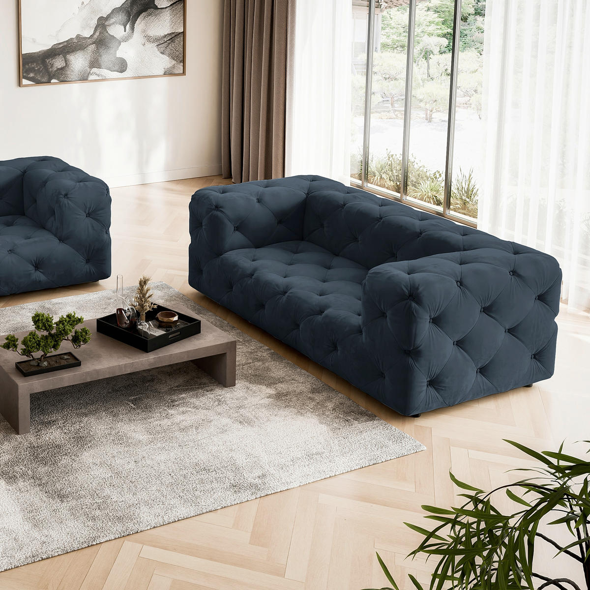 2-SITZER-SOFA Fresco in Samt Dunkelblau  - Schwarz/Dunkelblau, Design, Kunststoff/Textil (193/71/100cm) - P & B