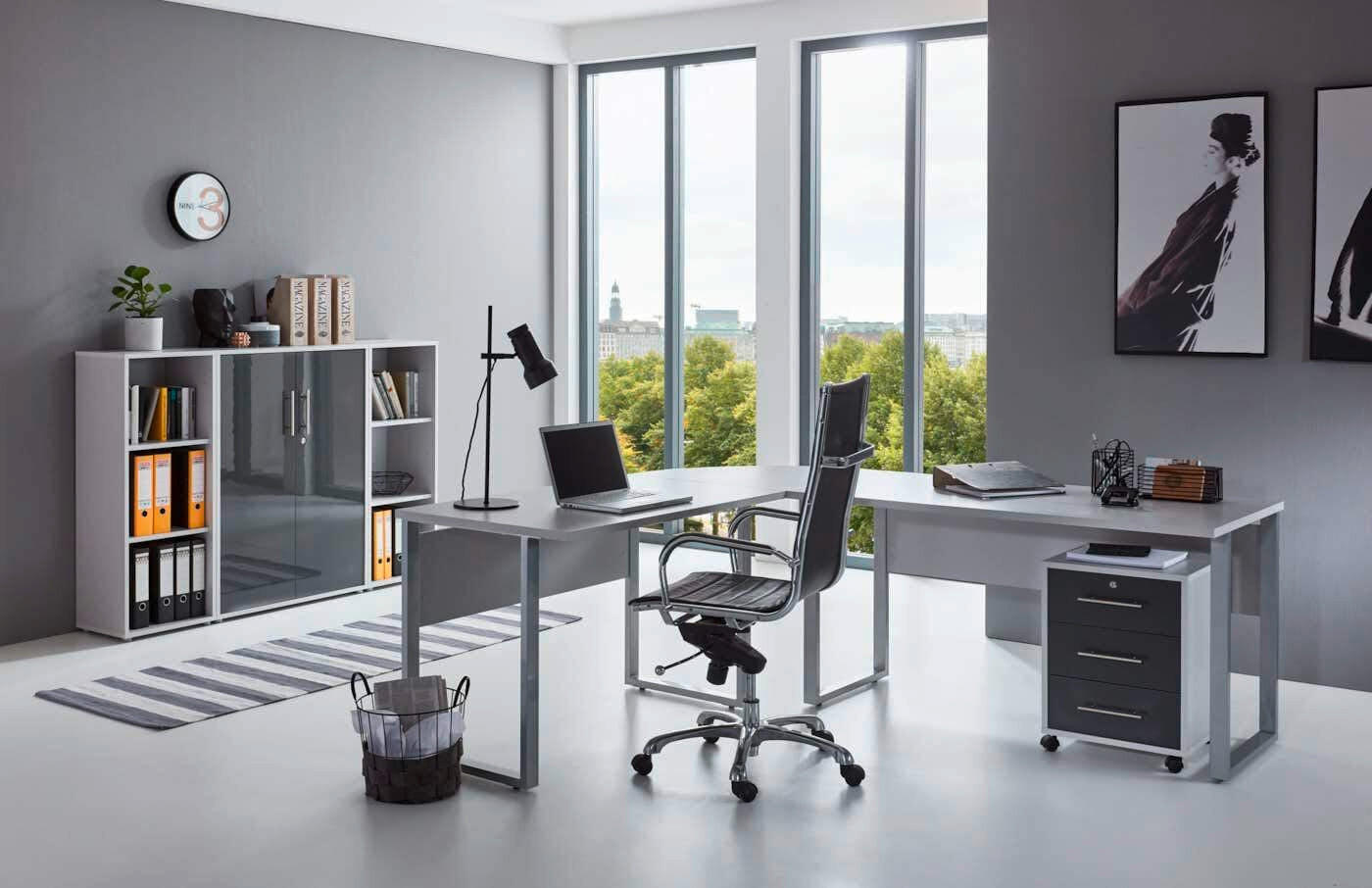 BÜRO erweiterbar, in verschiedenen Holz-Dekoren erhältlich, Schreibtisch seitenverkehrt montierbar, abschließbar Grau, Anthrazit Hochglanz - Anthrazit Hochglanz/Grau, MODERN, Holzwerkstoff - MID.YOU