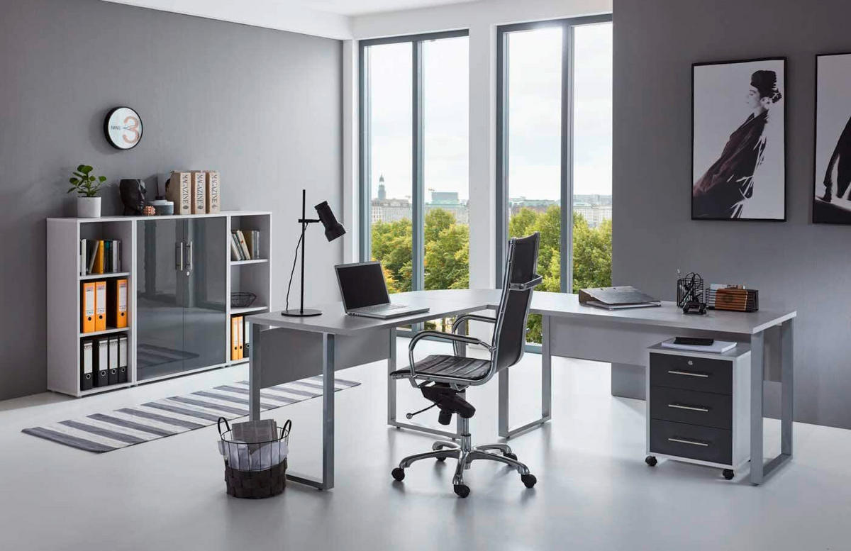 BÜRO erweiterbar, in verschiedenen Holz-Dekoren erhältlich, Schreibtisch seitenverkehrt montierbar, abschließbar Grau, Anthrazit Hochglanz - Anthrazit Hochglanz/Grau, MODERN, Holzwerkstoff - MID.YOU