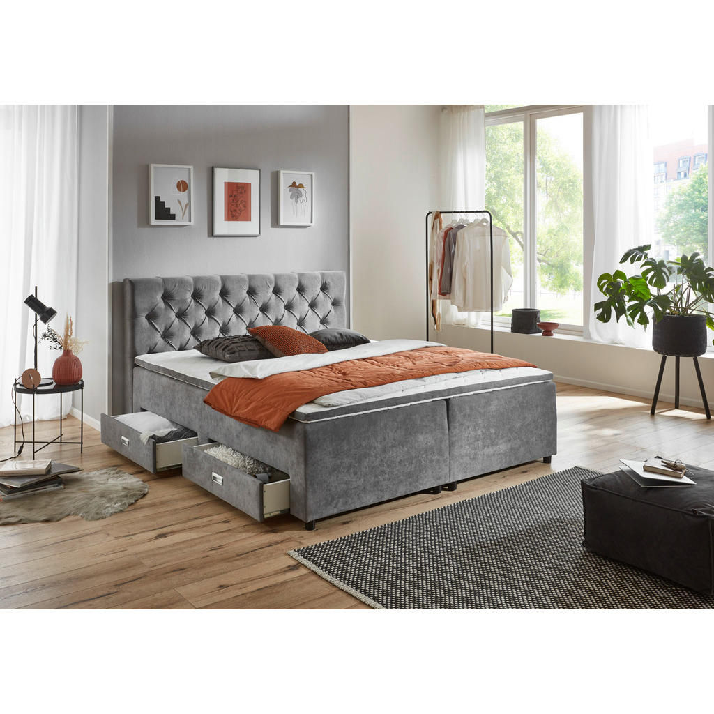 Thumbnail - Mid.you Boxbett, Grau, Textil, H2 + H3, 7-Zonen, Höhe ca. 40 cm, 180x200 cm, gepolstertes Kopfteil, Topper durchgehend, ...