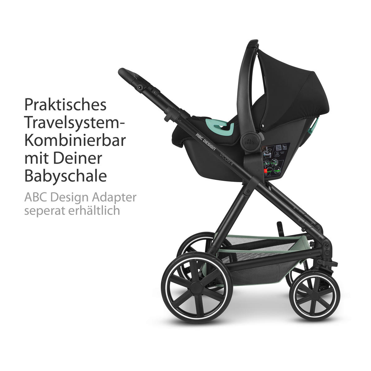 KINDERWAGENSET  Vicon 4  Pine  - Pastellgrün/Schwarz, Basics, Textil/Metall (91/61/110cm) - ABC Design