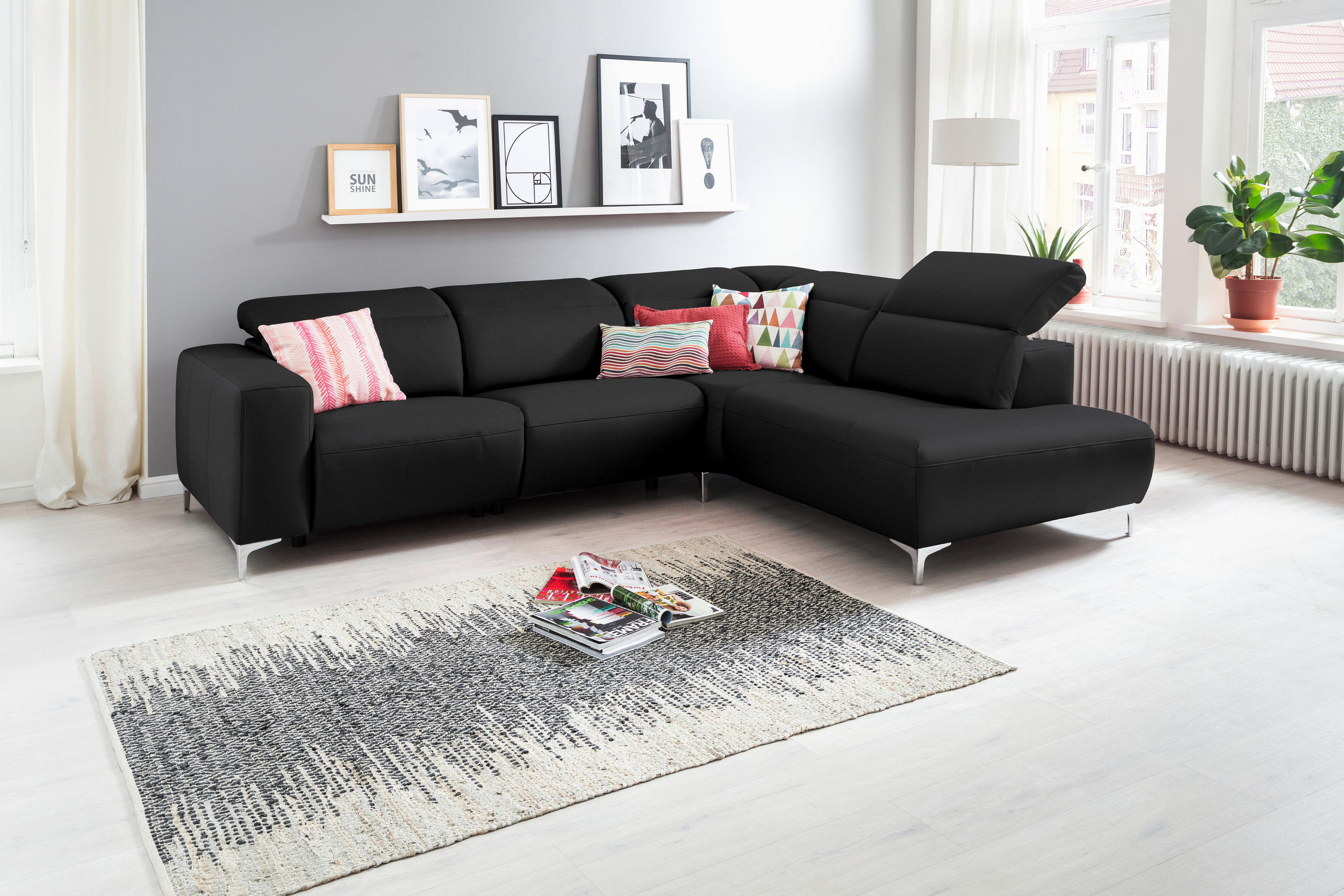 ECKSOFA Schwarz Echtleder  - Chromfarben/Schwarz, Design, Leder/Metall (290/223cm) - Pure Home Lifestyle