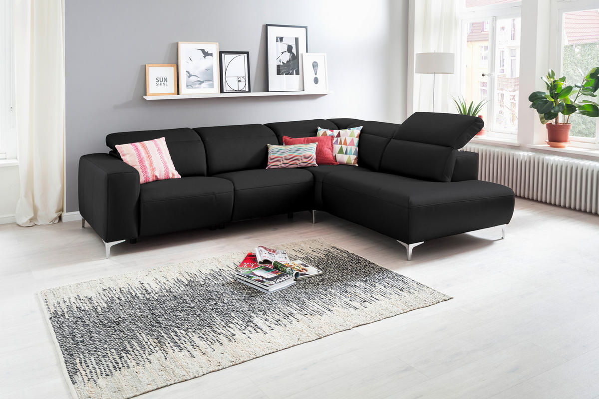 ECKSOFA in Echtleder Schwarz  - Chromfarben/Schwarz, Design, Leder/Metall (290/223cm) - Pure Home Lifestyle