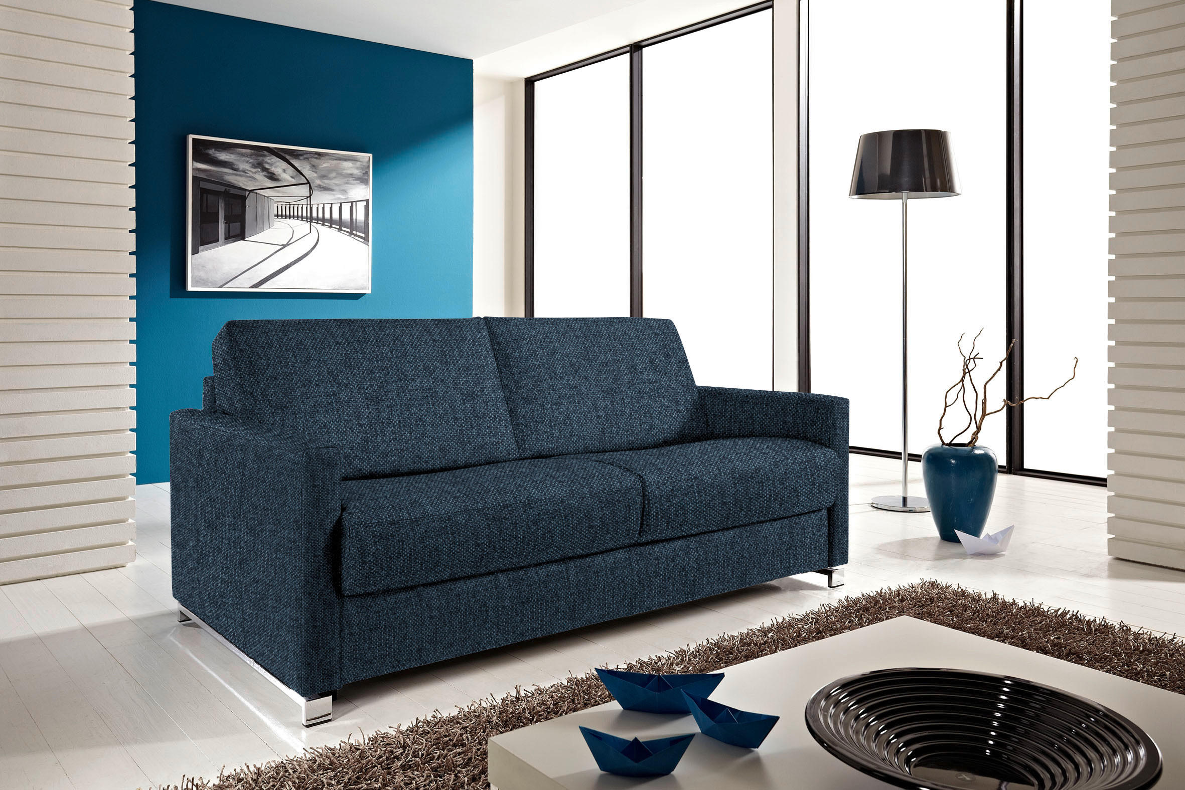 SCHLAFSOFA in Textil Dunkelblau  - Chromfarben/Dunkelblau, Design, Textil/Metall (185/84/100cm) - Bali