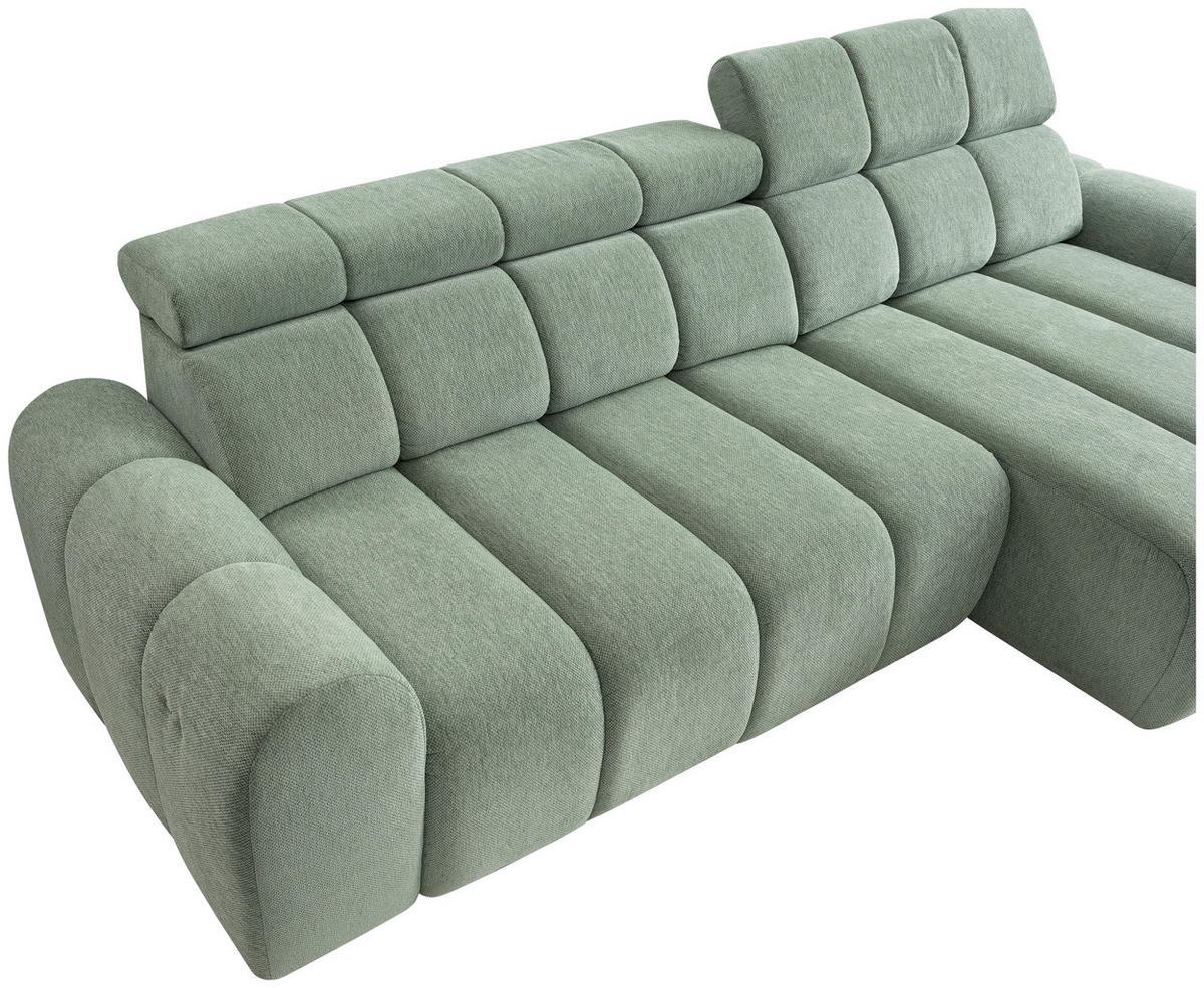 ECKSOFA Salbeigrün Chenille Bettkasten, Rücken echt, Kopfteilverstellung, Sitzvorzug  - Salbeigrün/Schwarz, Design, Kunststoff/Textil (290/152cm) - Stylife