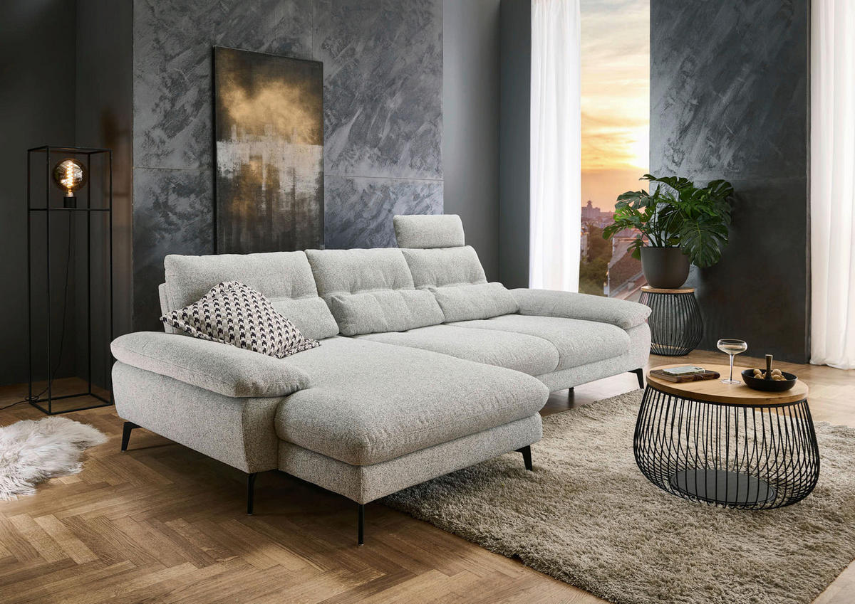 ECKSOFA Hellgrau Flachgewebe  - Hellgrau/Schwarz, Design, Textil/Metall (168/303cm) - Valdera