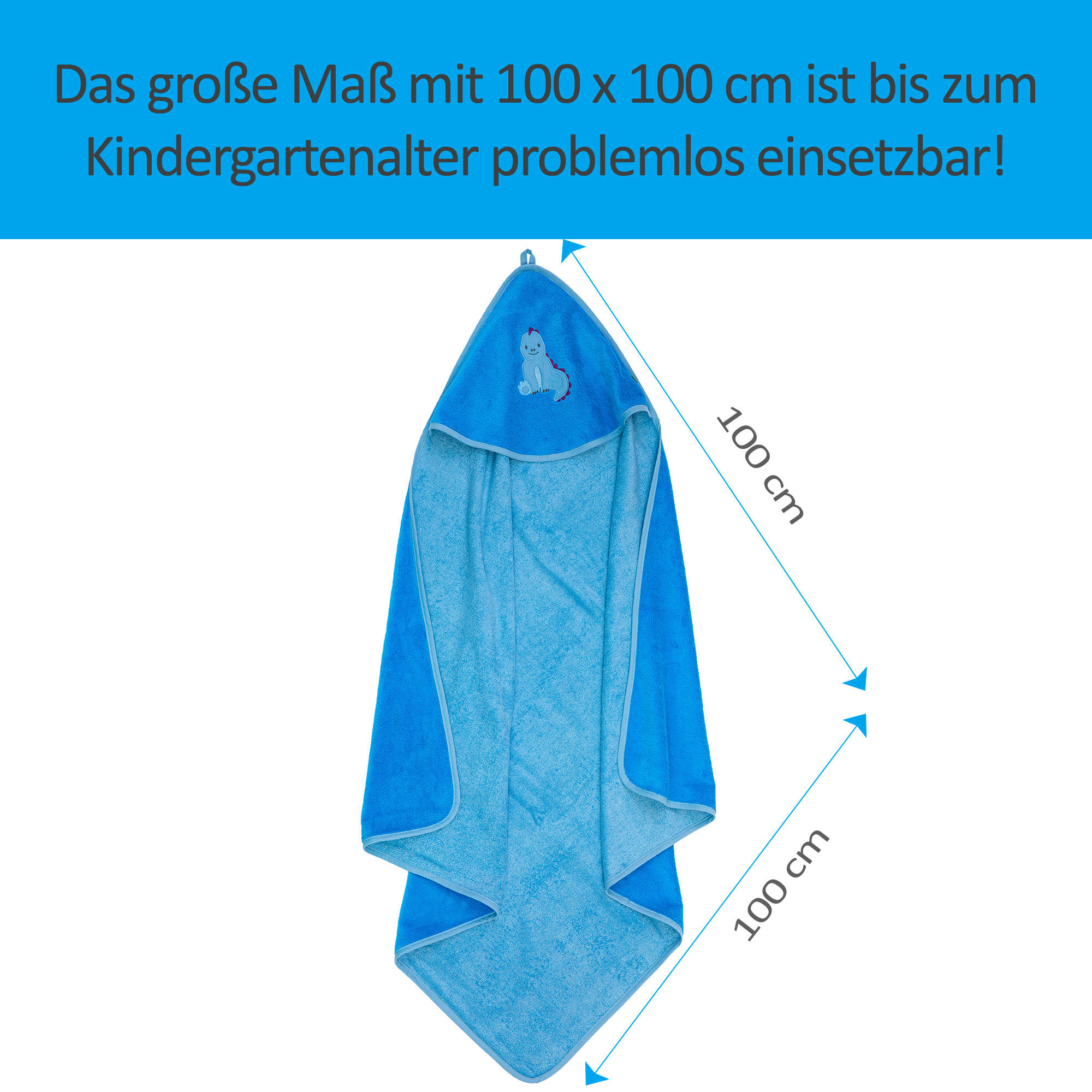 Thumbnail - Kapuzenbadetuch Dino, Blau, Textil, Dinosaurier, 100x100 cm, Handmade in Europe, Oeko-Tex® Standard 100, schadstoffgeprü...