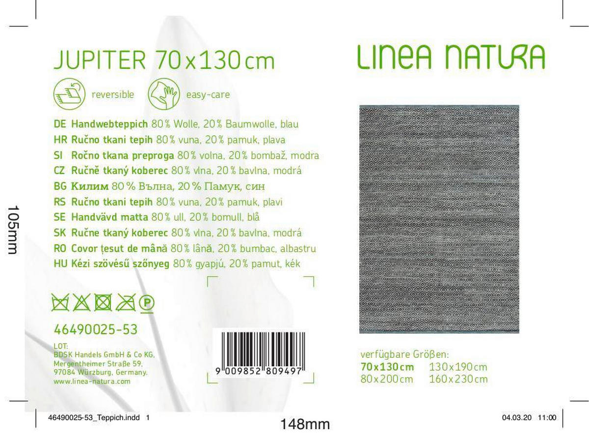 KÉZI SZÖVÉSŰ SZŐNYEG  Jupiter  - kék, Natur, textil (70/130cm) - Linea Natura