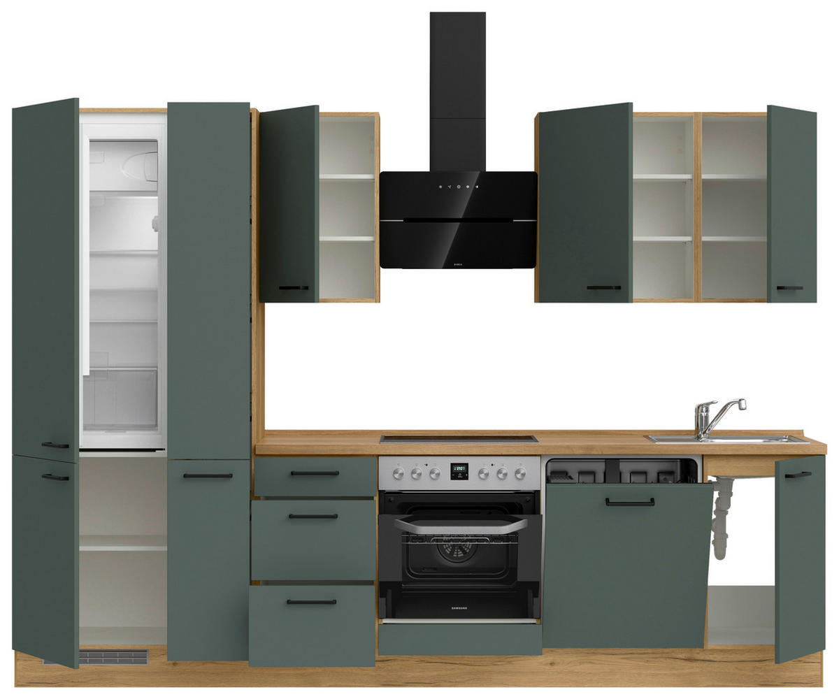 KÜCHENBLOCK Easytouch 300 cm  in Eichefarben, Dunkelgrün  - Dunkelgrün/Eichefarben, MODERN, Holzwerkstoff/Metall (300cm) - Nobilia