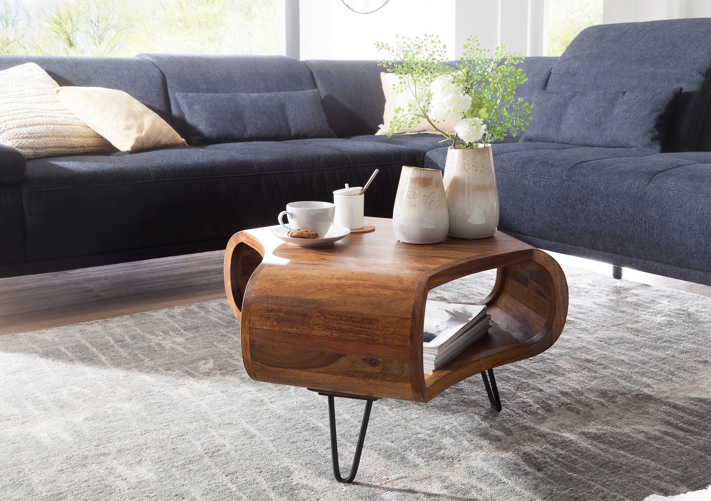 COUCHTISCH Sheesham massiv 55/55/38 cm Freiform Sheeshamfarben  - Sheeshamfarben/Schwarz, Design, Holz/Metall (55/55/38cm) - MID.YOU