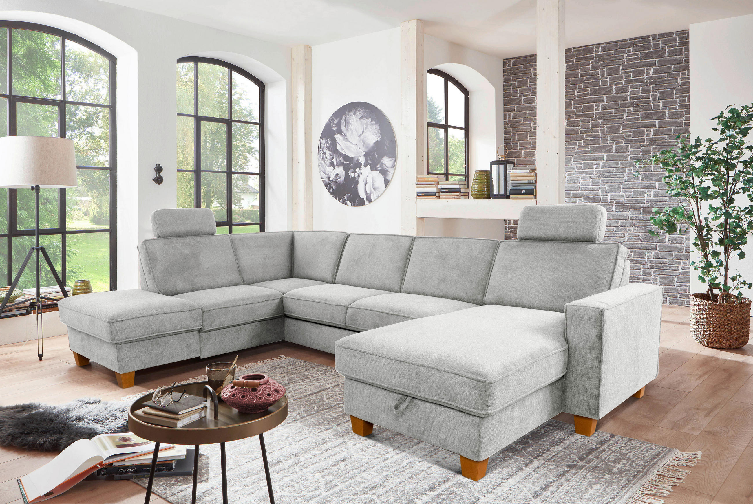 WOHNLANDSCHAFT in Flachgewebe Silberfarben  - Eichefarben/Silberfarben, Konventionell, Holz/Textil (213/309/161cm) - Sit & More