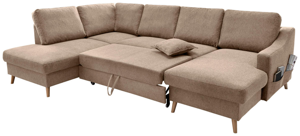 WOHNLANDSCHAFT in Chenille Hellbraun  - Hellbraun/Naturfarben, KONVENTIONELL, Holz/Textil (200/301/150cm) - Livetastic