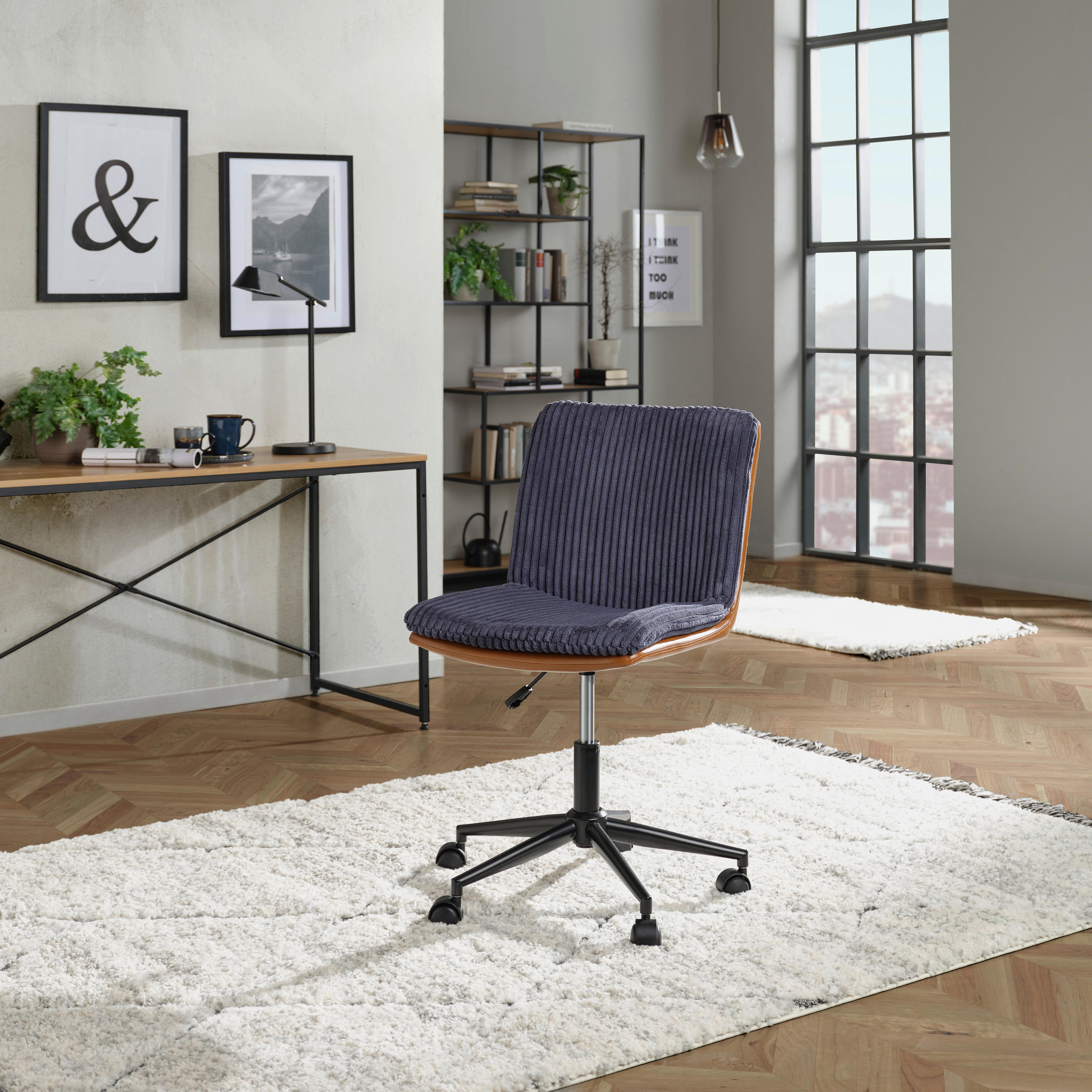 DREHSTUHL Lederlook, Cord Braun, Blau  - Blau/Schwarz, MODERN, Kunststoff/Textil (42/98/45cm) - MID.YOU