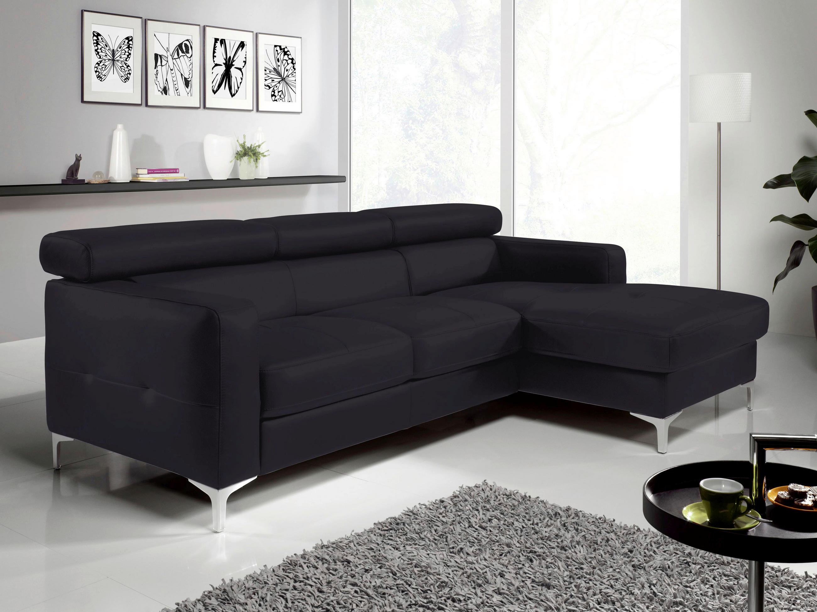 ECKSOFA in Echtleder Schwarz - Chromfarben/Schwarz, Design, Leder/Metall (226/169cm) - Livetastic