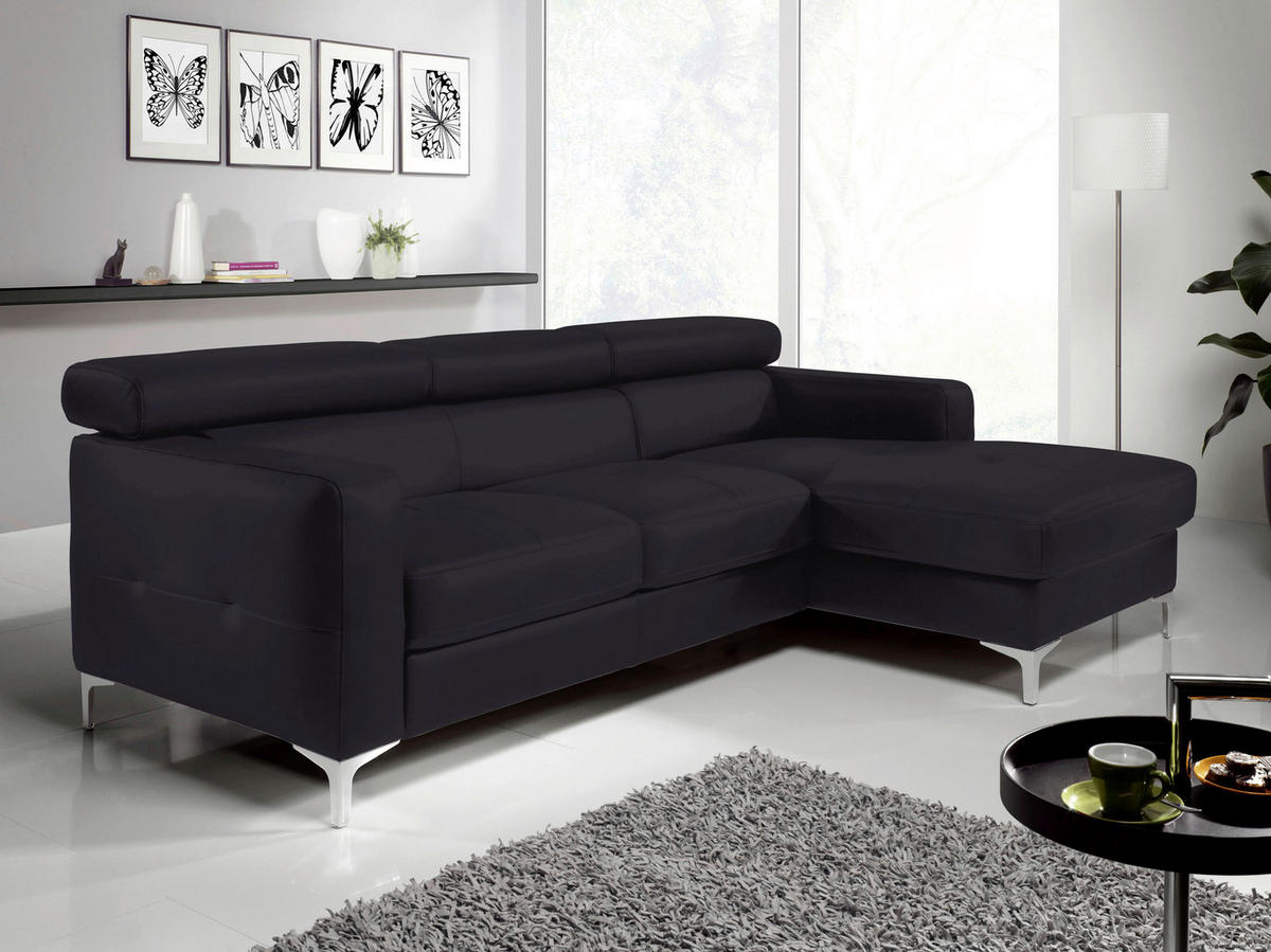 ECKSOFA in Echtleder Schwarz  - Chromfarben/Schwarz, Design, Leder/Metall (226/169cm) - Livetastic