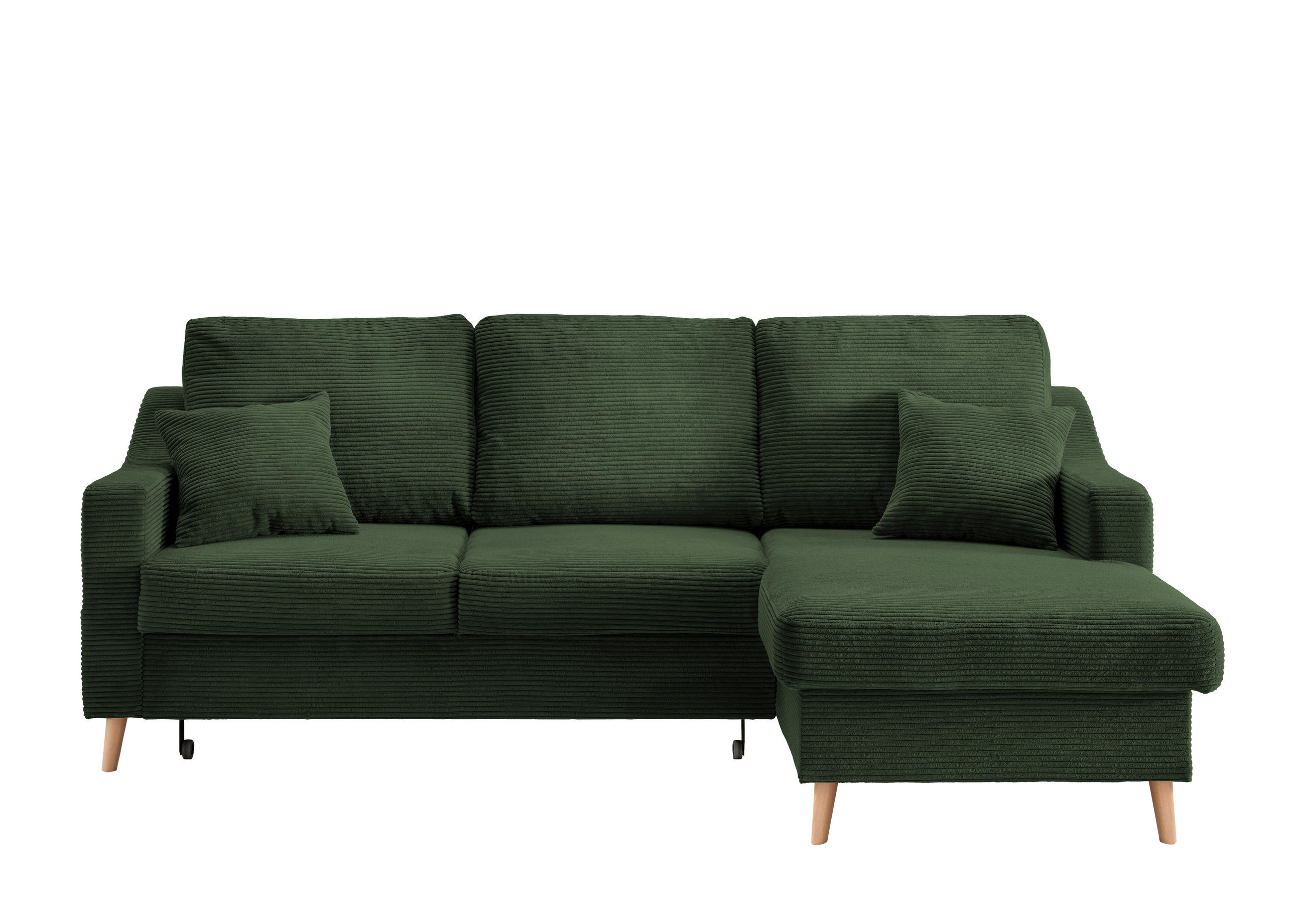 ECKSOFA Dunkelgrün Cord Zierkissen, Rückenkissen, Bettkasten, Schlaffunktion, Rücken echt, Stauraum, Liegefläche im Originalstoff  - Dunkelgrün/Naturfarben, Design, Holz/Textil (228/150cm) - P & B
