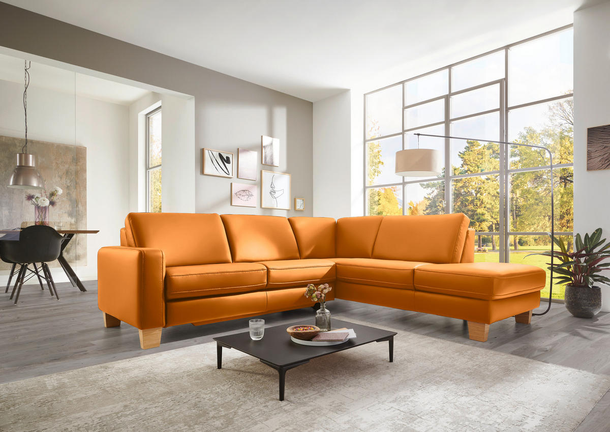 ECKSOFA in Echtleder Currygelb  - Currygelb/Eiche Bianco, Konventionell, Leder/Holz (257/235cm) - Valdera