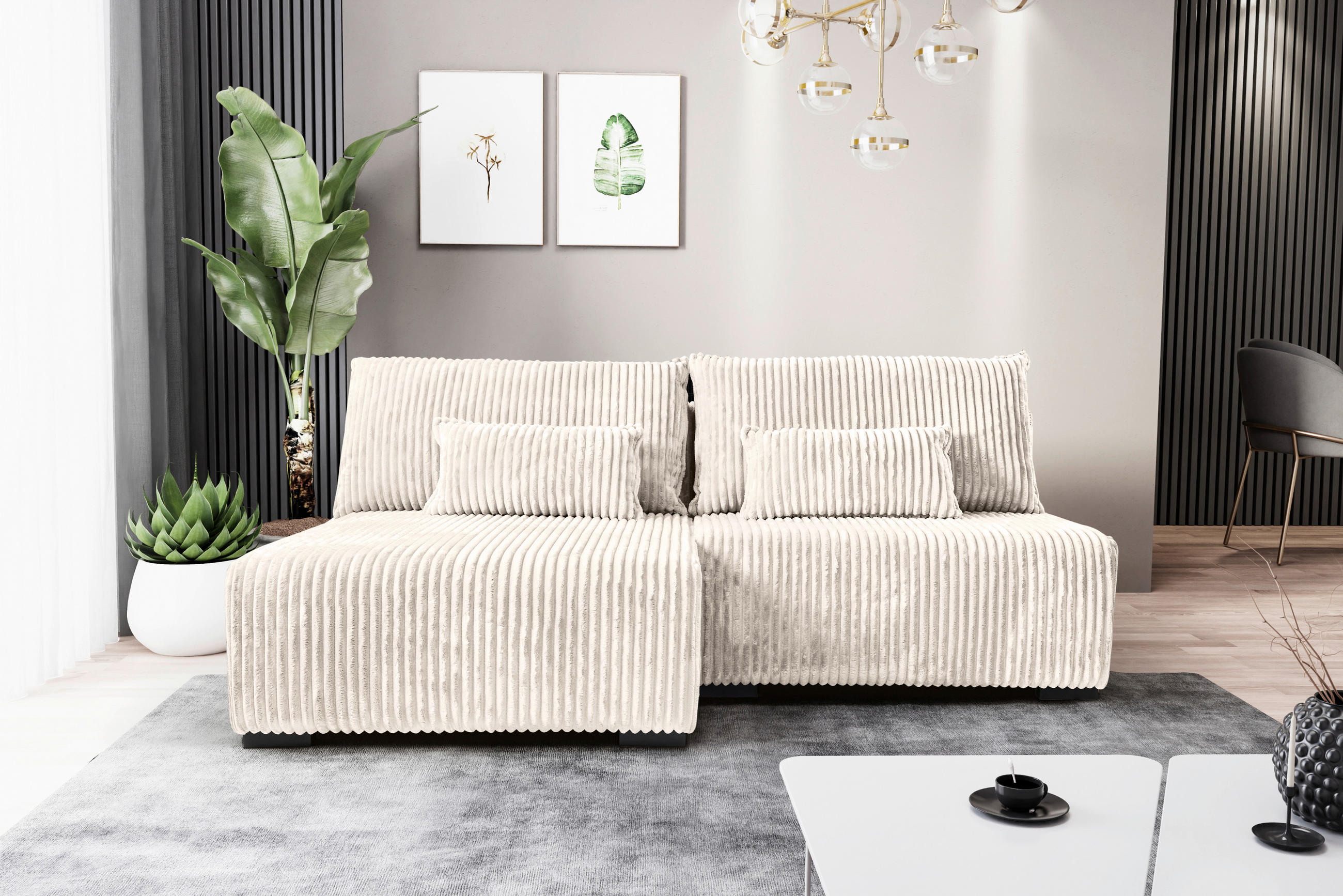 ECKSOFA in Cord Creme  - Creme/Schwarz, Modern, Holz/Textil (145/210cm) - MID.YOU