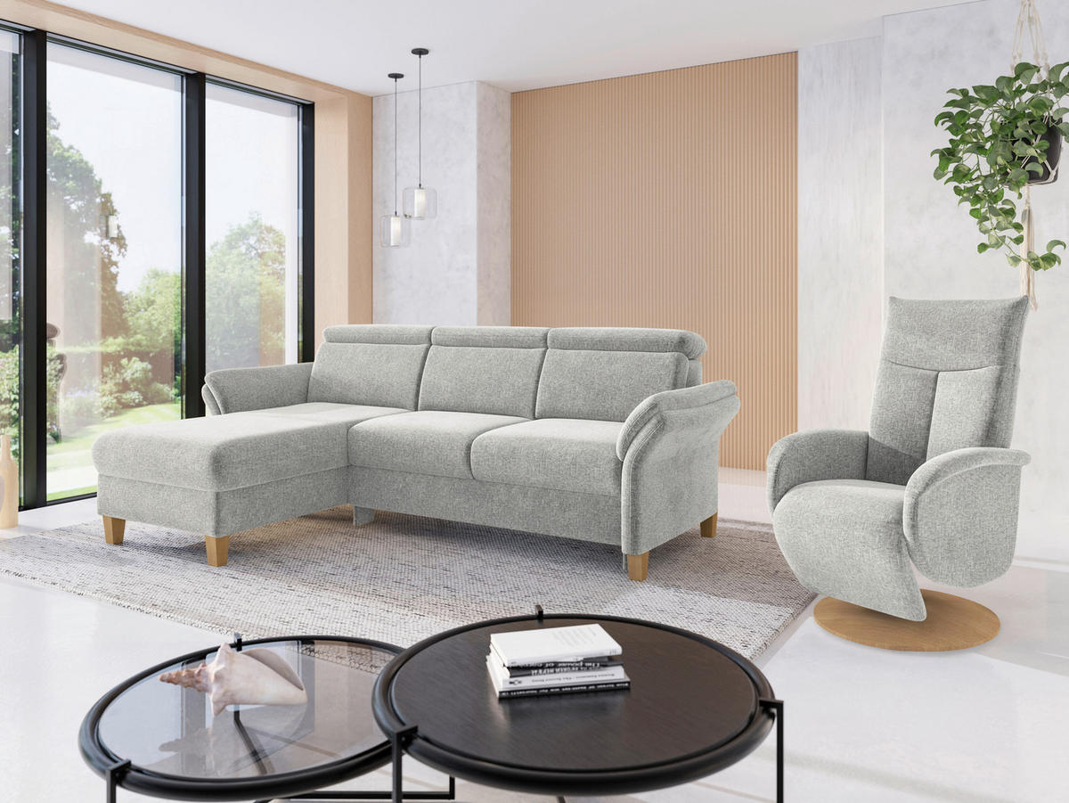 ECKSOFA GLENDALE E Hellgrau Flachgewebe  - Eichefarben/Hellgrau, KONVENTIONELL, Holz/Textil (166/253cm) - Sit & More