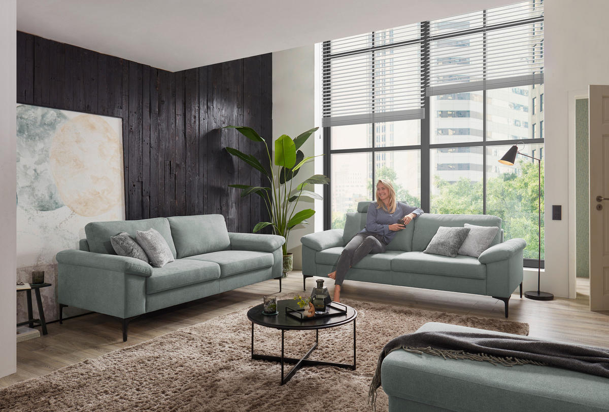 2,5-SITZER in Flachgewebe Blaugrau  - Blaugrau/Schwarz, Design, Textil/Metall (206/86/97cm) - Pure Home Lifestyle