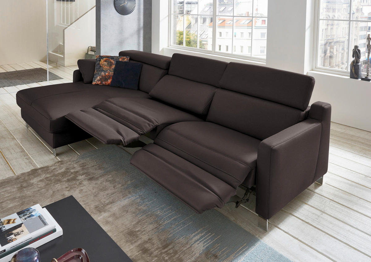 ECKSOFA Echtleder Mokka  - Chromfarben/Mokka, Design, Leder/Metall (176/291cm) - Valdera
