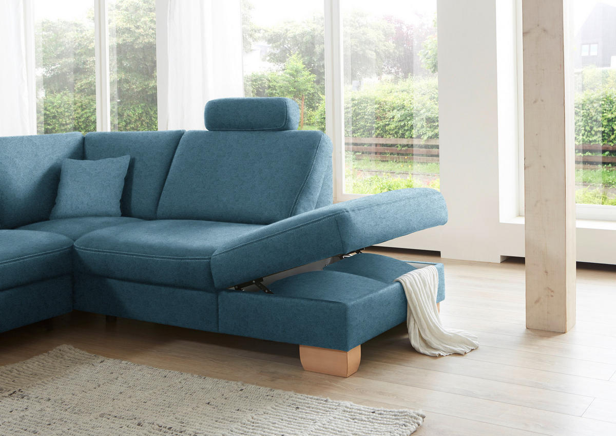 ECKSOFA in Mikrofaser Blau  286/236 cm  - Wildeiche/Blau, Natur, Holz/Textil (286/236cm) - Voleo