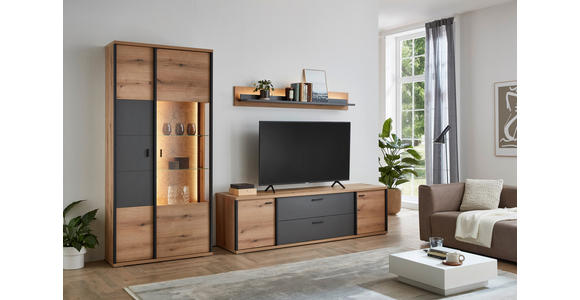 WOHNWAND  in Schwarz, Eichefarben, Dunkelgrau  312,4/208,8/50 cm  - Eichefarben/Dunkelgrau, KONVENTIONELL, Glas/Holzwerkstoff (312,4/208,8/50cm) - Xora