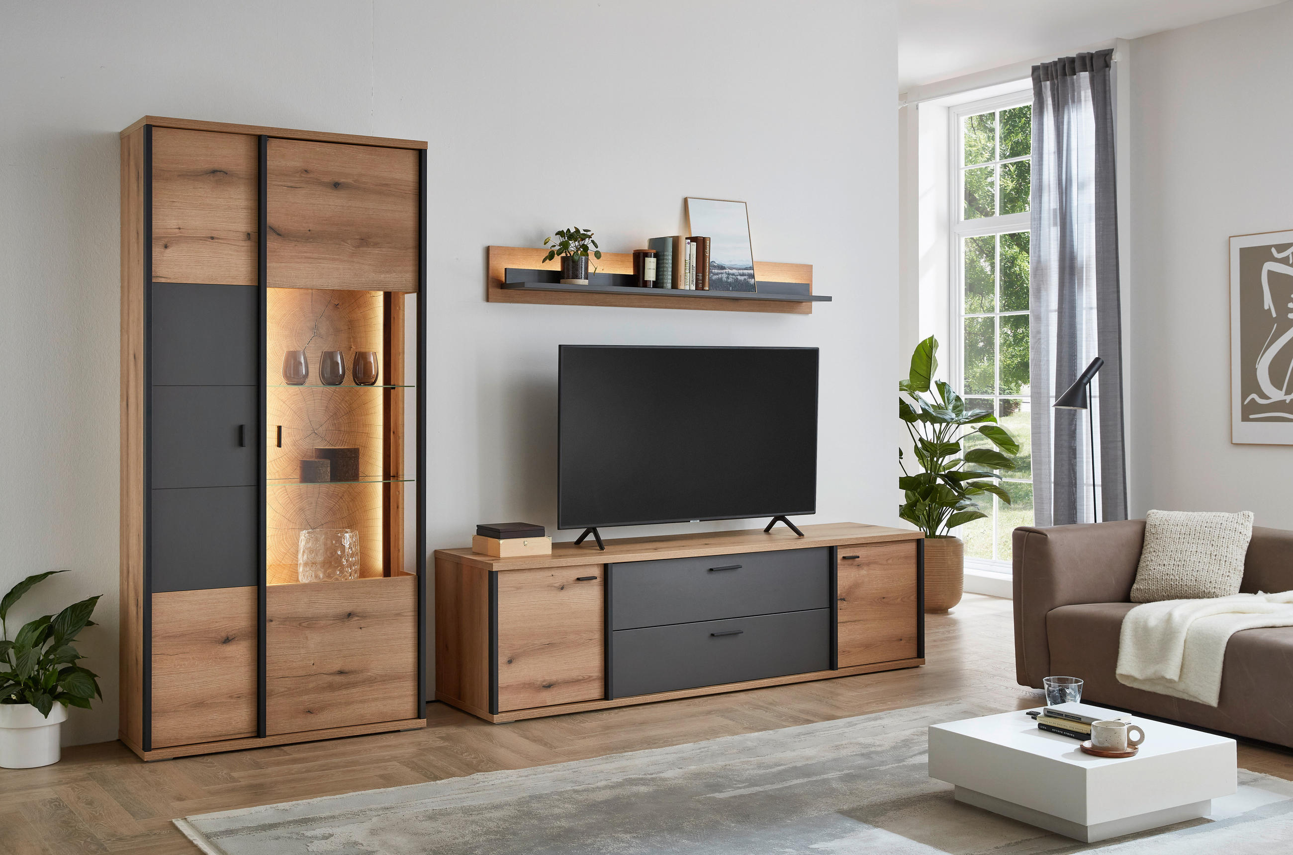 Thumbnail - Xora Lowboard, Schwarz, Eiche, Dunkelgrau, Holzwerkstoff, 2 Fächer, 2 Schublade(n) Schubladen, 205x58x50 cm, stehend, Wo...