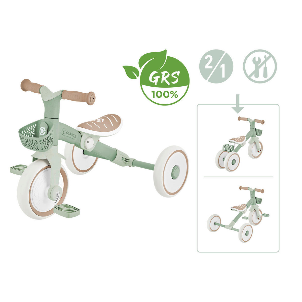 DREIRAD LEARNING TRIKE 2in1 PLUS ECO  - Salbeigrün, Basics, Kunststoff (58,9/41,0/42,7cm) - GLOBBER