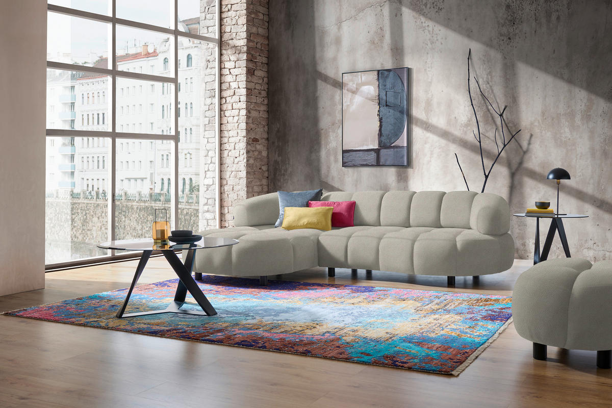 ECKSOFA in Webstoff Ecru  183/284 cm  - Ecru/Schwarz, Design, Holz/Textil (183/284cm) - Welnova