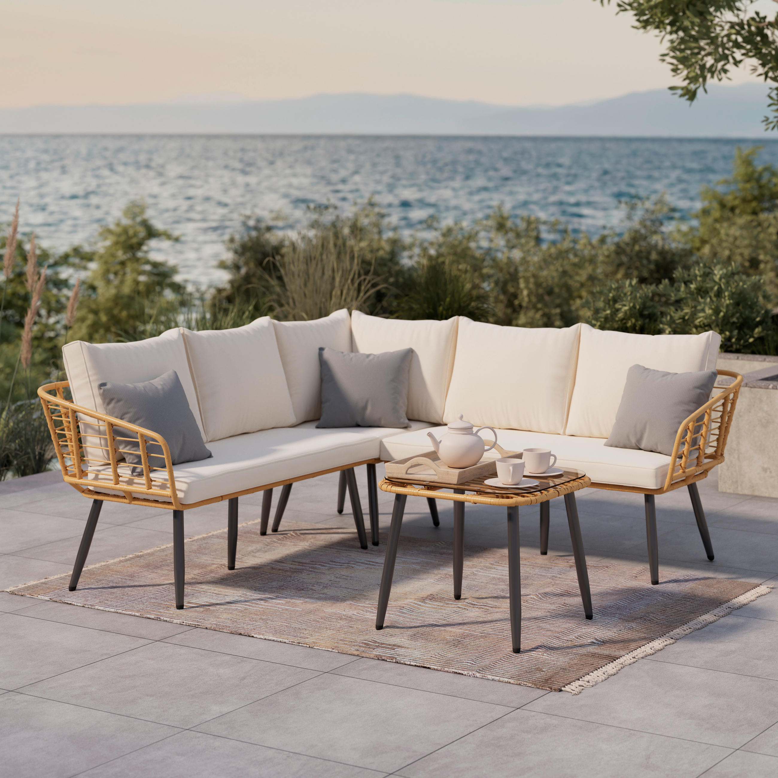 LOUNGEGARNITUR 4-teilig   187/67/187 cm  - Beige/Naturfarben, Modern, Glas/Kunststoff (187/67/187cm) - Ambia Garden