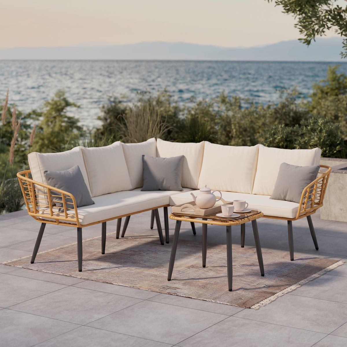 LOUNGEGARNITUR 4-teilig   187/67/187 cm Eisen  - Beige/Naturfarben, MODERN, Glas/Kunststoff (187/67/187cm) - Ambia Garden