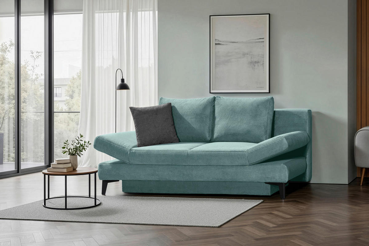 SCHLAFSOFA Cord Türkis  inkl. Bettkasten, Schlaffunktion, Armteilverstellung  - Türkis/Schwarz, Design, Textil/Metall (200/85/90cm) - Novel