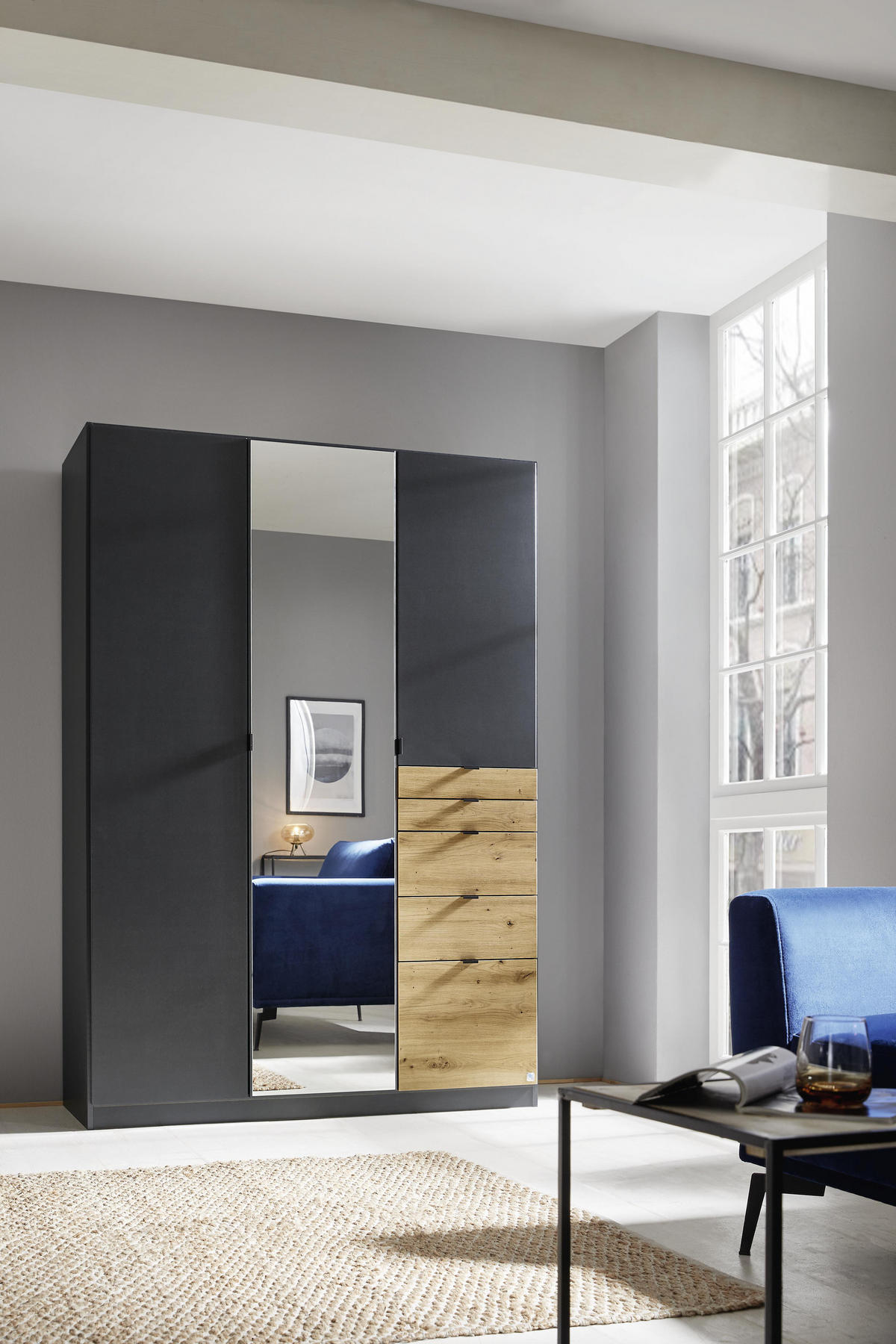 DREHTÜRENSCHRANK in Eichefarben, Dunkelgrau  - Eichefarben/Dunkelgrau, Modern, Holzwerkstoff (136/197/54cm) - Rauch Möbel
