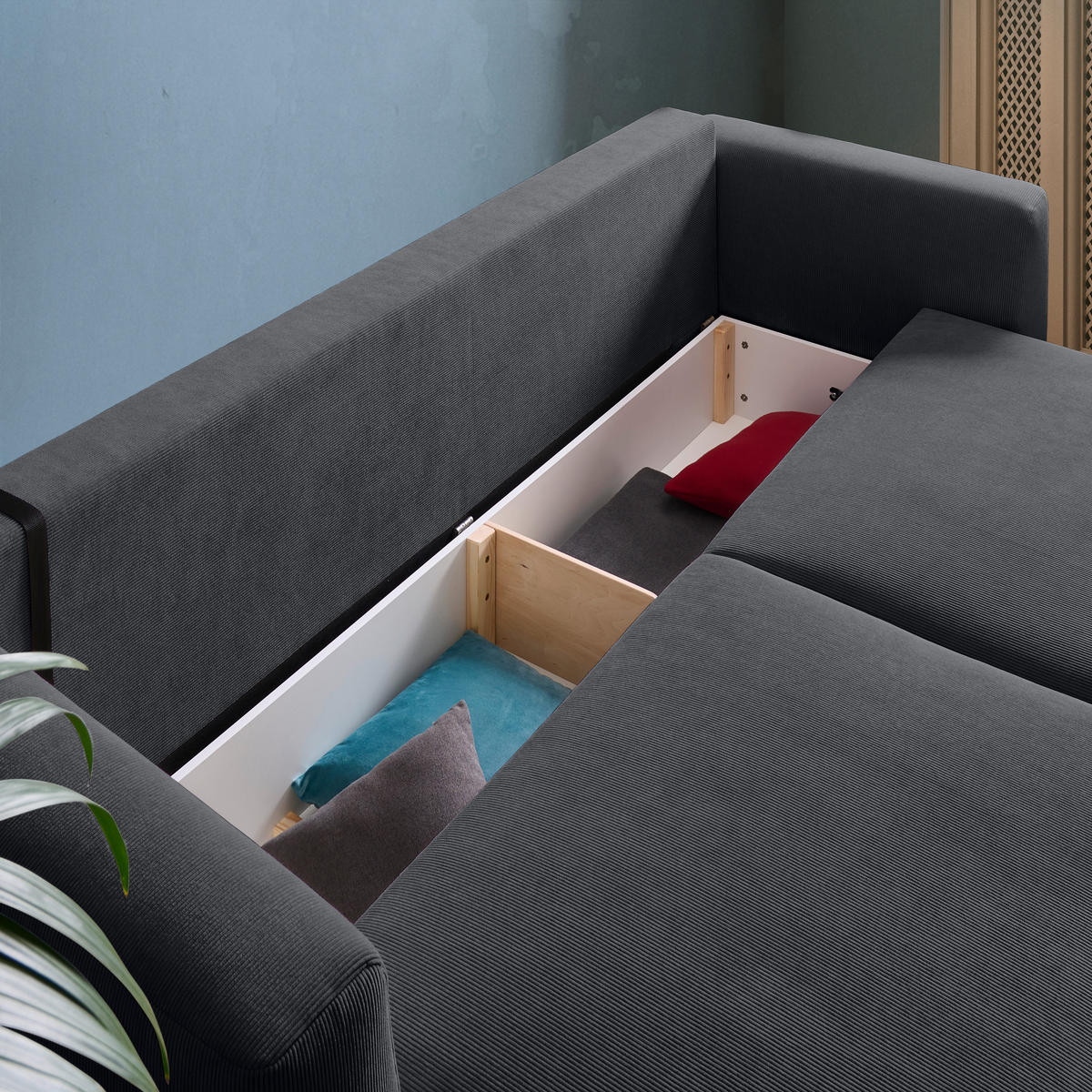 SCHLAFSOFA  mit Stoffauswahl, Schlafen auf Sitzhöhe, Rücken echt Cord Dunkelgrau  - Dunkelgrau/Schwarz, Design, Kunststoff/Textil (250/92/105cm) - Carryhome