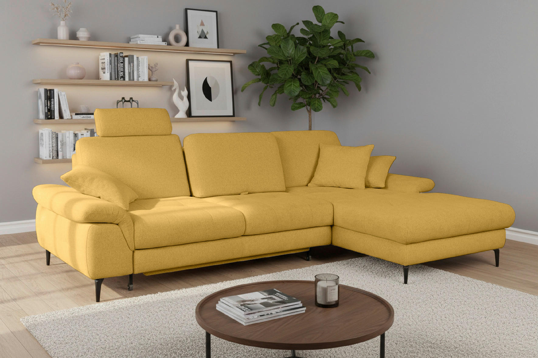 Thumbnail - Livetastic Ecksofa Alma, Gelb, Textil, 3-Sitzer, Ottomane rechts, L-Form, 285x191 cm, Made in EU, Liegefunktion, Rücken ...