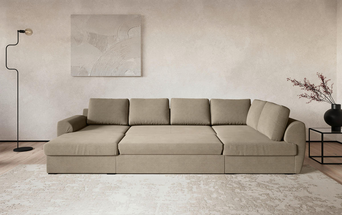 SJEDEĆA GARNITURA tekstil  smeđa   - smeđa/crna, Trend, tekstil/plastika (154/327/86cm) - MID.YOU
