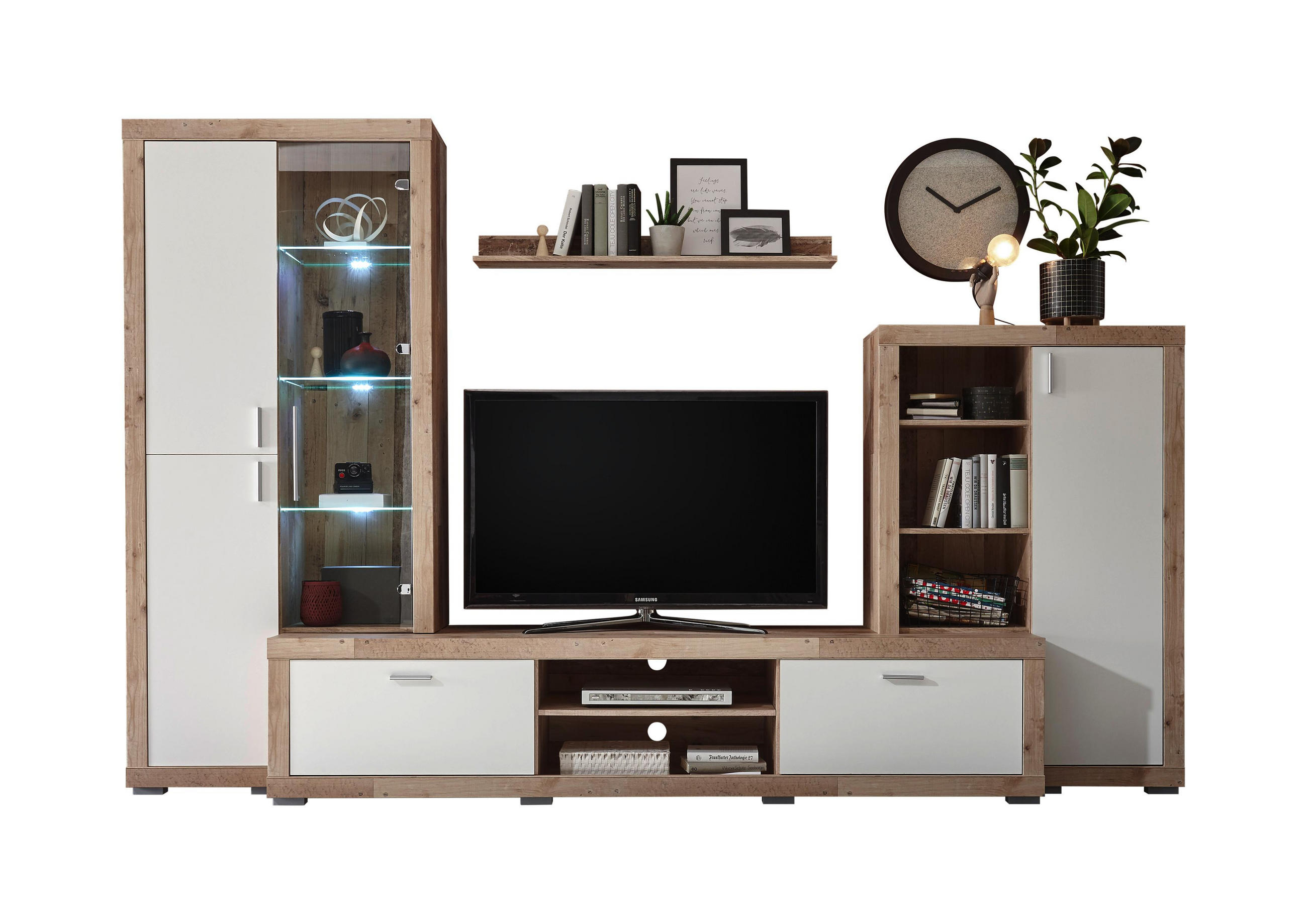 Wohnwand in Weiß, Eichefarben