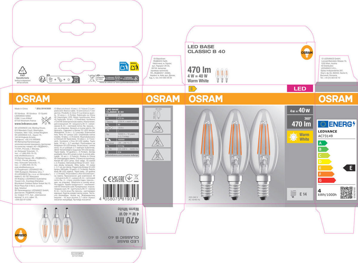LED-FILAMENT-LEUCHTMITTEL   E14 40 W 470 lm  - Klar, Basics, Glas (3,5/10cm) - Osram