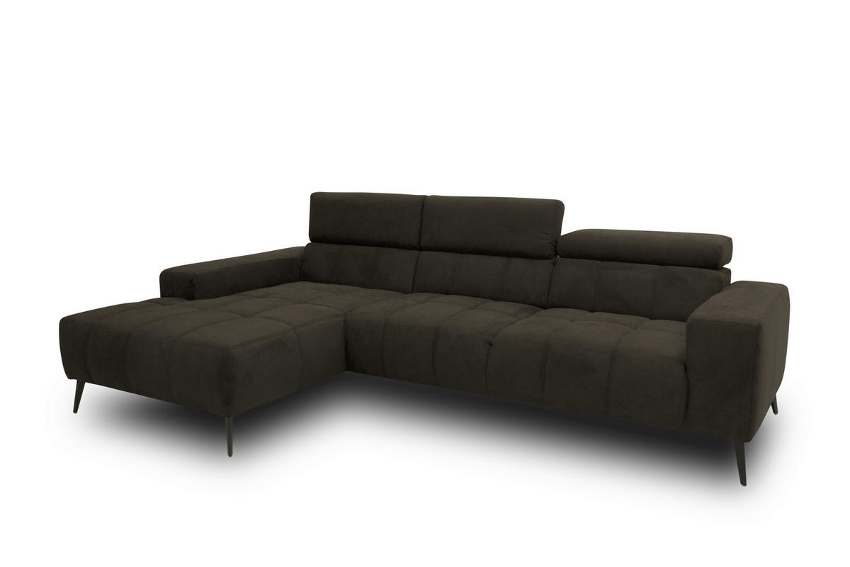 ECKSOFA TRENTO Dunkelbraun Mikrofaser Rücken echt, Kopfteilverstellung  - Dunkelbraun/Schwarz, MODERN, Textil/Metall (175/287cm) - MID.YOU
