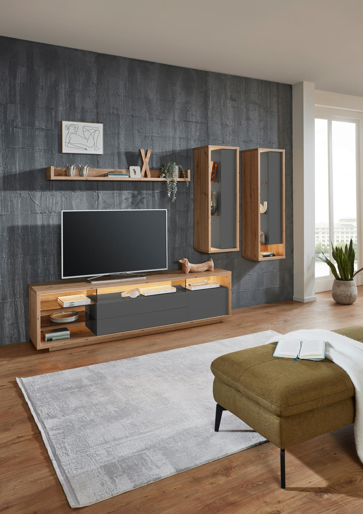WOHNWAND  in Grau, Eiche Artisan 300/183,6/42 cm  - Eiche Artisan/Grau, Design, Glas/Holzwerkstoff (300/183,6/42cm) - Stylife