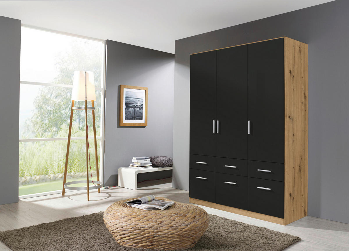 DREHTÜRENSCHRANK 136/197/54 cm 3-türig Grau, Eiche Artisan  - Chromfarben/Eiche Artisan, MODERN, Holzwerkstoff/Kunststoff (136/197/54cm) - Rauch Möbel